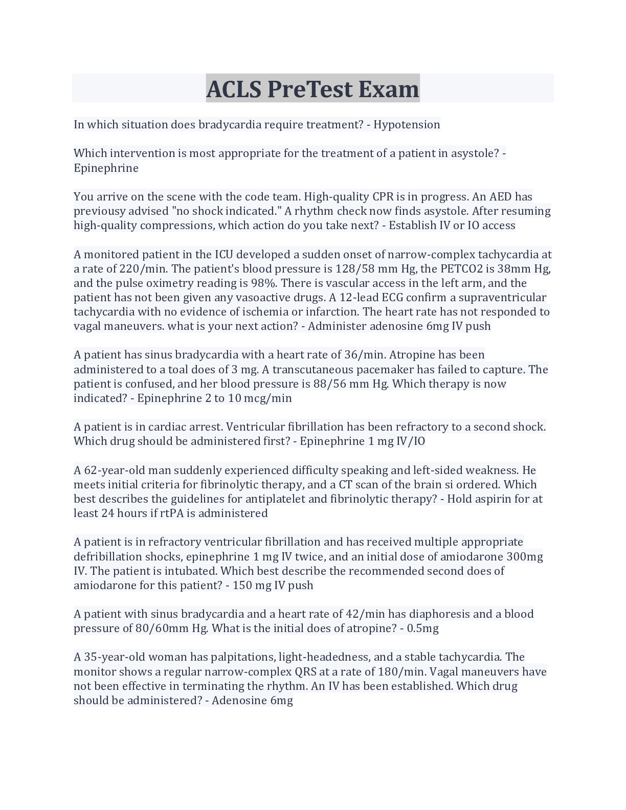 Preview image for ACLS PreTest Exam Questions And Answers
